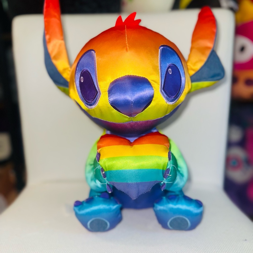 Disney Rainbow Stitch Pride Plush Holding Heart 11" Shiny Slick Fabric NWOT